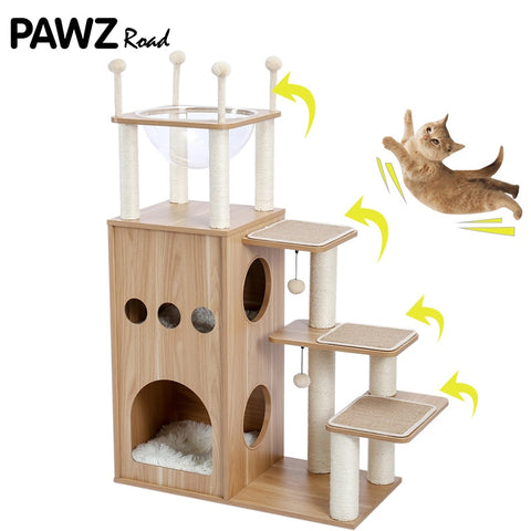 Fast Delivery Pet Cat Tree House Tower Condo Wood Cat Scratching Sisal-Covered Scratch Posts Pads with Play Ball for Cats Kitten